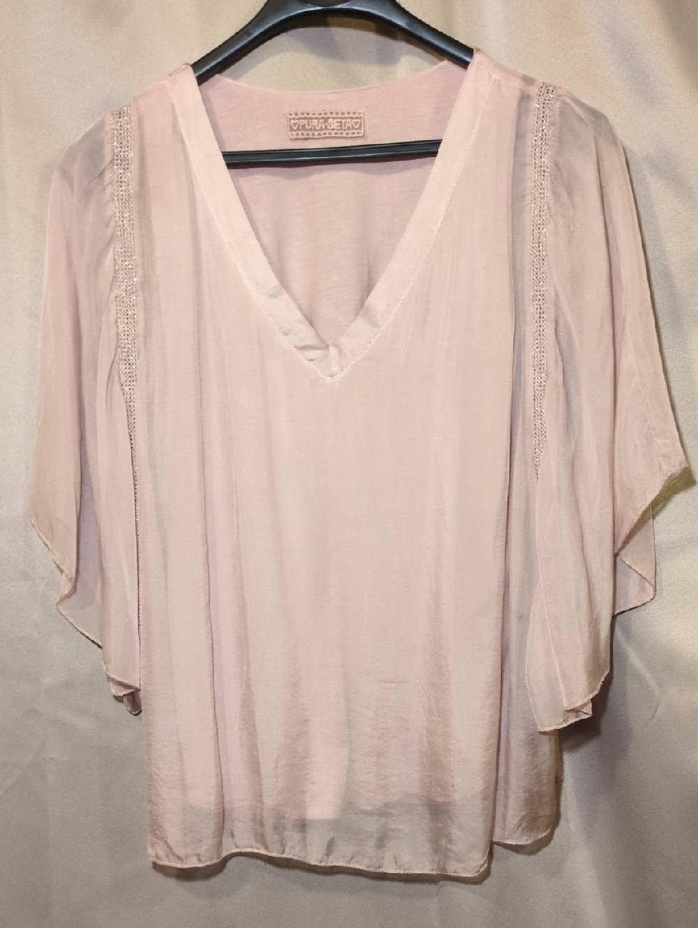 100% Silk Made In Italy Light Blush V-Neck Flutter Sleeve